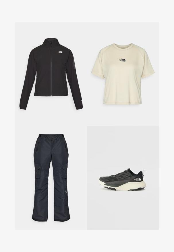 Black zip-up jacket with a high collar, textured fabric, and logo on the left chest. Features long sleeves and a fitted design.; Cream-colored short-sleeve t-shirt with a round neck and raglan sleeves. Features a black embroidered logo on the upper chest.; Black snow pants with a relaxed fit, featuring zippered pockets, cargo pockets on the thighs, and a textured surface for durability.; Black athletic shoe with a textured upper, featuring gray accents and a white midsole. Includes a pull tab and prominent brand logo on the heel.