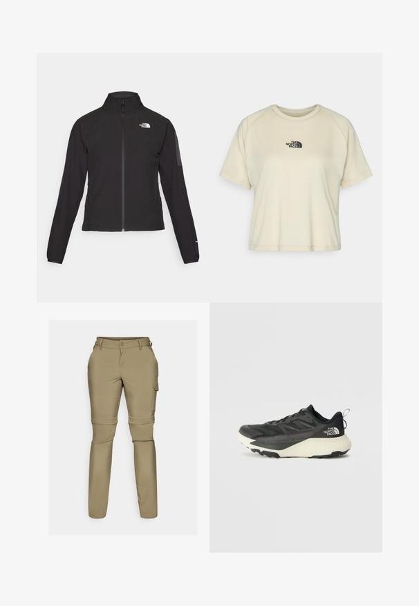 Juodas zip-up švarkas su aukšta apykakle, tekstūruotu audiniu ir logotipu kairėje krūtinės pusėje. Pasižymi ilgu rankovėmis ir prigludusia forma.; Kreminės spalvos trumpomis rankovėmis marškinėliai su apvaliu kaklu ir raglaninėmis rankovėmis. Viršutinėje krūtinės dalyje yra juodas siuvinėtas logotipas.; Šviesiai rudos, lengvos, reguliuojamos krovinių kelnės su nutraukiamomis kojomis, užsegimu mygtuku ir šoninėmis kišenėmis. Lygi, elastinga medžiaga.; Juodas sportinis batas su tekstūruota viršutine dalimi, su pilkomis detalėmis ir baltu viduriu. Apima pakėlimo juostelę ir ryškų prekės ženklo logotipą ant kulno.