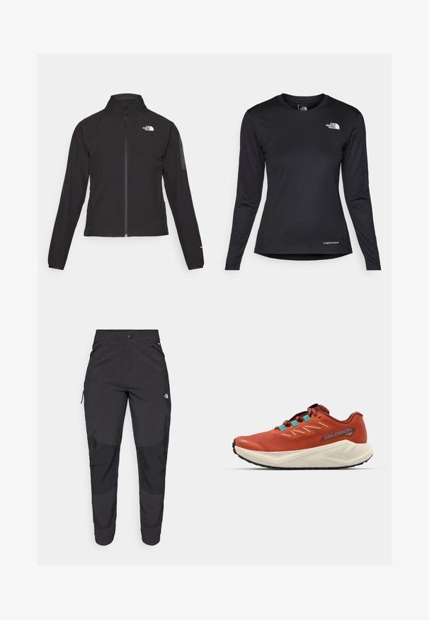 Black zip-up jacket with a high collar, textured fabric, and logo on the left chest. Features long sleeves and a fitted design.; The North Face SHADOW LONG SLEEVE - Long sleeved top - black; Black outdoor pants made of durable fabric. Feature zippered pockets, reinforced knee panels, and a straight cut design for mobility.; Red running shoe with a textured upper, mesh panels, and turquoise accents. Features a cushioned white midsole and black rubber outsole.