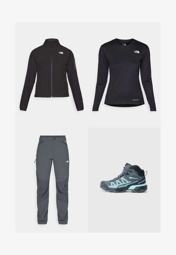 Svart zip-up jakke med høy krage, teksturert stoff, og logo på venstre bryst. Har lange ermer og en tettsittende design.; The North Face SHADOW LONG SLEEVE - Topper langermet - black; Mørkegrå utendørsbukser med forsterkede kneputer, glidelås i sidelommer og frontlommer, knappelukking, og The North Face-logo på låret.; Middelska støvel for fotturer i mørkegrått med lyseblå detaljer. Den har et teksturert overdel, forsterket tå og en robust såle for godt grep.