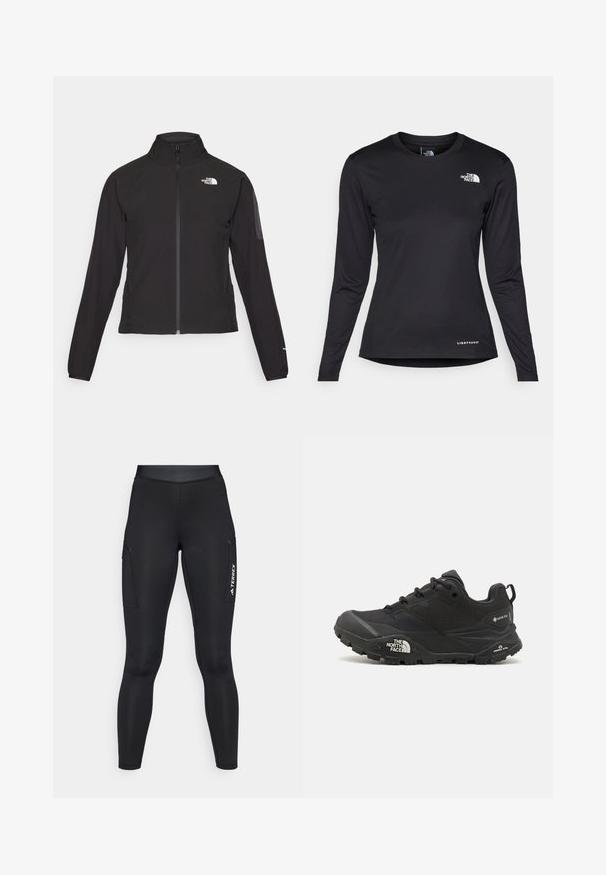 Casaco preto com fecho zip e gola alta, em tecido texturizado, com logo no lado esquerdo do peito. Apresenta mangas longas e um design ajustado.; The North Face SHADOW LONG SLEEVE - Camisola de manga comprida - black; Leggings atléticas pretas com um design ajustado, feitas de material elástico. Apresentam bolsos laterais e a marca "TERREX" em branco.; Shoe de caminhada preto com um upper texturizado, fecho de atacador e uma sola de borracha robusta com um logótipo proeminente na lateral e padrões de piso.