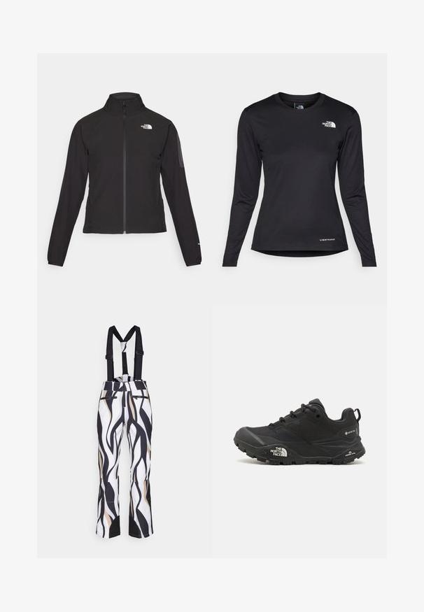 Black zip-up jacket with a high collar, textured fabric, and logo on the left chest. Features long sleeves and a fitted design.; The North Face SHADOW LONG SLEEVE - Long sleeved top - black; Ski pants with black and white wavy patterns and beige accents. Features adjustable black suspenders and zippered front pockets.; Black hiking shoe with a textured upper, lace closure, and a chunky rubber sole featuring a prominent logo on the side and tread patterns.