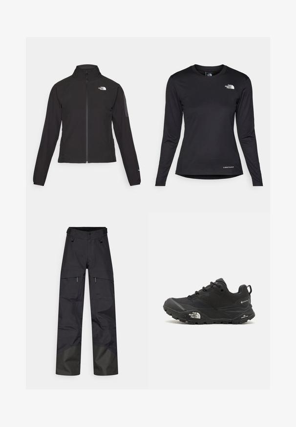 Black zip-up jacket with a high collar, textured fabric, and logo on the left chest. Features long sleeves and a fitted design.; The North Face SHADOW LONG SLEEVE - Long sleeved top - black; Black waterproof pants with a loose fit, featuring two front pockets, adjustable waist, and darker fabric at the ankles for durability.; Black hiking shoe with a textured upper, lace closure, and a chunky rubber sole featuring a prominent logo on the side and tread patterns.