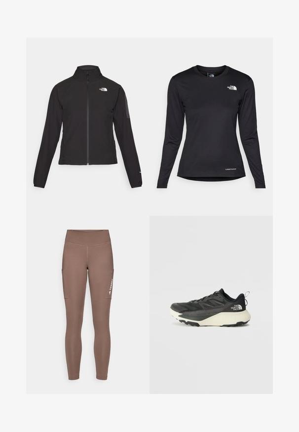Fekete, cipzáros dzseki magas gallérral, texturált anyagból, bal mellen logóval. Hosszú ujjak és testhezálló fazon jellemzi.; The North Face SHADOW LONG SLEEVE - Hosszú ujjú felső - black; Barna sport leggings magas derékkal, oldalsó zsebekkel és fehér logóval. Sima, rugalmas anyag a kényelem és a mozgás szabadsága érdekében.; Fekete sportcipő, texturált felsőrésszel, szürke kiegészítőkkel és fehér középtalppal. Húzófüllel és kiemelkedő márkalandírral a sarkán.