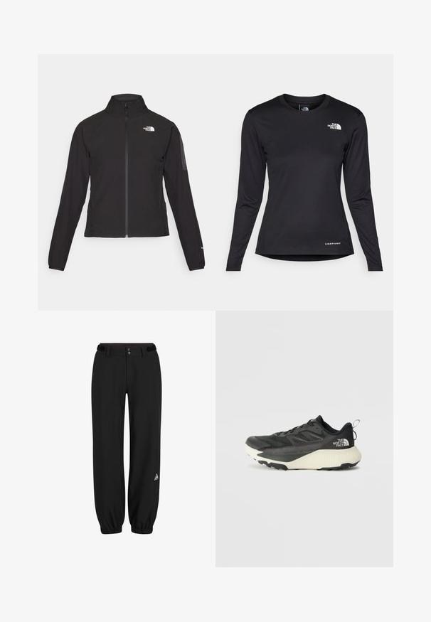 Black zip-up jacket with a high collar, textured fabric, and logo on the left chest. Features long sleeves and a fitted design.; The North Face SHADOW LONG SLEEVE - Long sleeved top - black; Black trousers made of a lightweight fabric, featuring a button closure, velcro accents at the waist, and elastic cuffs at the ankles.; Black athletic shoe with a textured upper, featuring gray accents and a white midsole. Includes a pull tab and prominent brand logo on the heel.