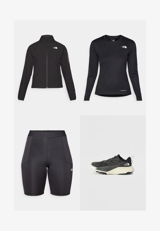 Černá zipová bunda s vysokým límcem, texturovaná tkanina a logo na levé hrudi. Má dlouhé rukávy a přiléhavý design.; The North Face SHADOW LONG SLEEVE - Top s dlouhým rukávem - black; Černé sportovní šortky vyrobené z hladkého, elastického materiálu. Mají vysoký pas a boční kapsy. Logo je umístěno na dolní levé straně.; Černá sportovní bota s texturovaným svrškem, s šedými akcenty a bílou mezipodešví. Obsahuje poutko a výrazné logo značky na patě.