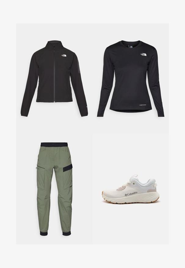 Svart zip-up jakke med høy krage, teksturert stoff, og logo på venstre bryst. Har lange ermer og en tettsittende design.; The North Face SHADOW LONG SLEEVE - Topper langermet - black; Cargo bukser i lys olivengrøn, med en sort elastisk talje, to store sidelommer og et glat, vandafvisende stof.; Lettvekts Columbia treningssko i hvit mesh med en teksturert grå såle og gummitraction. Har en polstret krage og snøring.