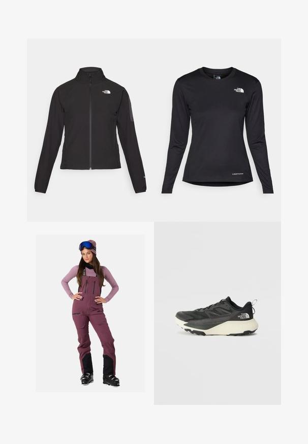 Zwarte zip-up jas met een hoge kraag, textuurstof en een logo op de linker borst. Beschikt over lange mouwen en een slim fit ontwerp.; The North Face SHADOW LONG SLEEVE - Longsleeve - black; Bordeaux ski-overall met zwarte accenten, verstelbare banden, meerdere ritszakken, gecombineerd met een lichtpaars langarmshirt en skibril.; Zwarte sportieve schoen met een gestructureerde bovenkant, voorzien van grijze accenten en een witte tussenzool. Inclusief een trekhaak en een opvallend merklogo op de hiel.