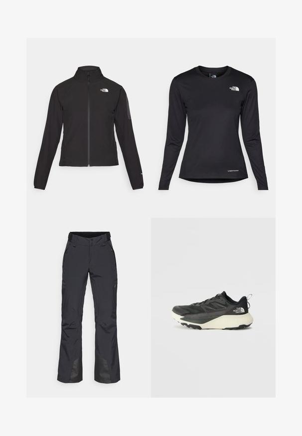 Svart zip-up jakke med høy krage, teksturert stoff, og logo på venstre bryst. Har lange ermer og en tettsittende design.; The North Face SHADOW LONG SLEEVE - Topper langermet - black; Peak Performance ANIMA PANTS - Skibukse - black; Svart treningssko med teksturert overdel, med grå detaljer og hvit såle. Har en pull tab og fremtredende merkevarelogo på hælen.