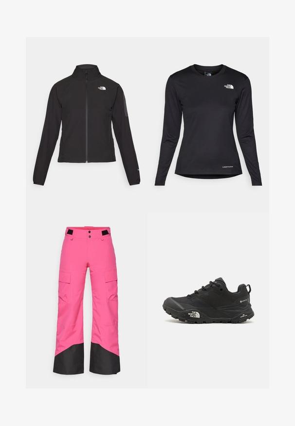 Sort zip-jacket med høj krave, struktureret stof og logo på venstre bryst. Har lange ærmer og en tætsiddende design.; The North Face SHADOW LONG SLEEVE - Langærmet T-shirt - black; Rosa skibukser med en sort nederste del, lavet af slidstærkt materiale. Har cargo-lommer og et bredt ben design for komfort og mobilitet.; Sort vandresko med en tekstureret overdel, snørebåndslukning og en kraftig gummisål med et fremtrædende logo på siden og mønstrede slidbaner.