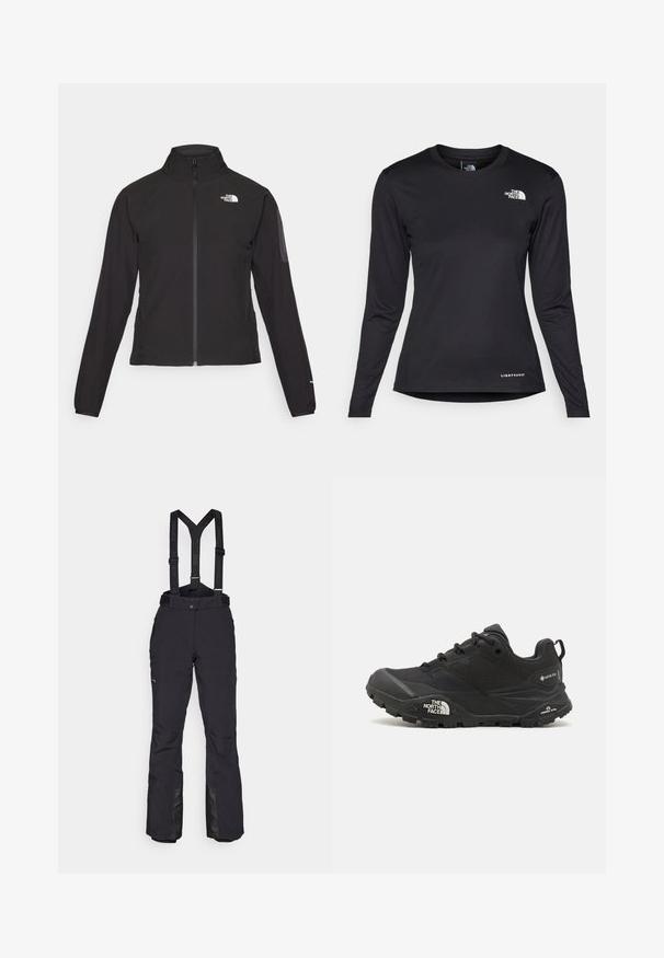 Juodas zip-up švarkas su aukšta apykakle, tekstūruotu audiniu ir logotipu kairėje krūtinės pusėje. Pasižymi ilgu rankovėmis ir prigludusia forma.; The North Face SHADOW LONG SLEEVE - Ilgarankovis viršutinės dalies drabužis - black; Juodi sniego kelniai su reguliuojamomis petnešomis, dviem šoninėmis kišenėmis, užtraukiamu apačiu ir tekstūruota juosmens juosta geresniam sukibimui.; Juodas žygio batelis su tekstūruotu viršumi, su raištelių uždarymu ir storu guminiu padu, ant šono išryškintas logotipas ir raštiškai išpjauti modeliai.