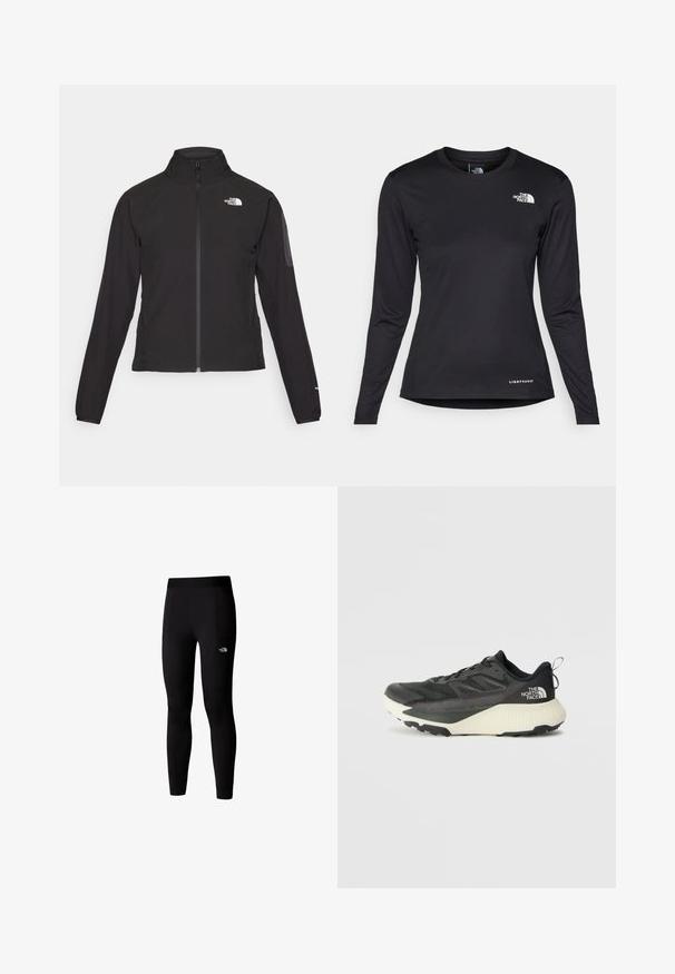 Černá zipová bunda s vysokým límcem, texturovaná tkanina a logo na levé hrudi. Má dlouhé rukávy a přiléhavý design.; The North Face SHADOW LONG SLEEVE - Top s dlouhým rukávem - black; Černé sportovní legíny z elastického materiálu s širokým pasem a postranními kapsami. Jednoduchý design bez vzorů nebo akcentů.; Černá sportovní bota s texturovaným svrškem, s šedými akcenty a bílou mezipodešví. Obsahuje poutko a výrazné logo značky na patě.