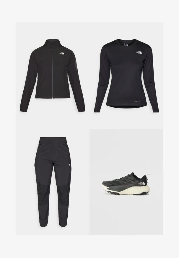 Czarna kurtka zapinana na zamek z wysokim kołnierzem, teksturowana tkanina i logo na lewej piersi. Posiada długie rękawy i dopasowany krój.; The North Face - Bluzka z długim rękawem; Czarne spodnie outdoorowe wykonane z trwałego materiału. Posiadają kieszenie zapinane na zamek, wzmocnione panele na kolanach oraz prosty krój zapewniający swobodę ruchów.; Czarne sportowe buty z teksturowaną cholewką, z szarymi akcentami i białą podeszwą środkową. Zawierają pętelkę do zakładania oraz wyraźne logo marki na pięcie.