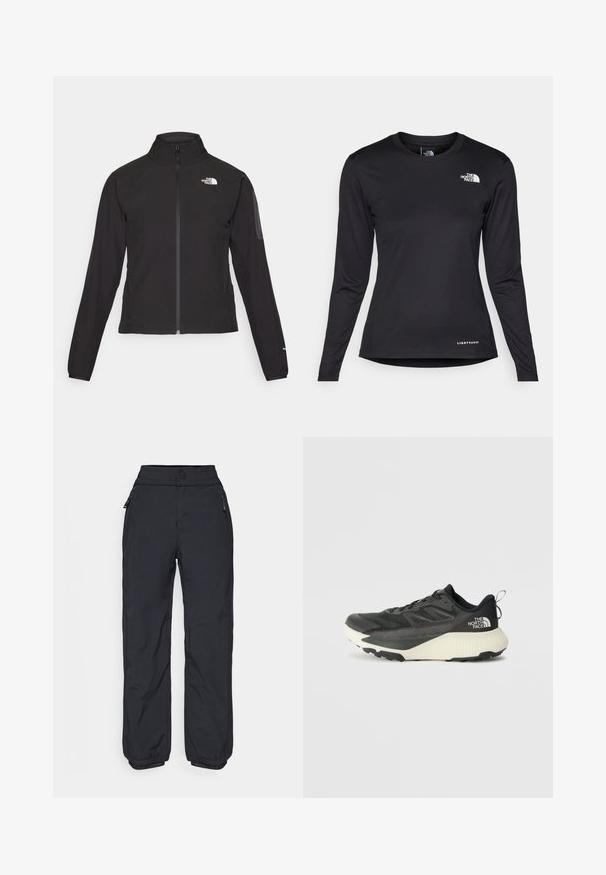 Črna zip-up jakna z visokim ovratnikom, teksturirano blago in logotipom na levem prsnem delu. Ima dolge rokave in prilega se.; The North Face SHADOW LONG SLEEVE - Majica z dolgimi rokavi - black; Črne, vodoodporne hlače s ravnim krojem, z zadrgo zaprtimi stranskimi žepi in elastičnimi manšetami na gležnjih. Gladka tekstura in trajen material.; Črne atletske čevlje z teksturiranim zgornjim delom, ki imajo sivo obrobo in belo srednjo podplat. Vključujejo zanko za vprego in izstopajočo blagovno znamko na peti.