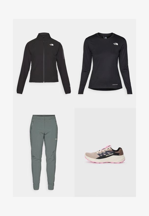 Juodas zip-up švarkas su aukšta apykakle, tekstūruotu audiniu ir logotipu kairėje krūtinės pusėje. Pasižymi ilgu rankovėmis ir prigludusia forma.; The North Face SHADOW LONG SLEEVE - Ilgarankovis viršutinės dalies drabužis - black; Pilki lauko kelnės, pagamintos iš lengvos, patvarios medžiagos. Yra užtrauktuku užsegamos šoninės kišenės ir lieknas, siaurėjantis dizainas.; Šviesiai rudos ir rožinės spalvų Salomon bėgimo bateliai su juodu logotipu ir dizaino akcentais, kūno spalvos tarpikliu ir rožiniu padu, matomi iš šono ant paprasto fono.