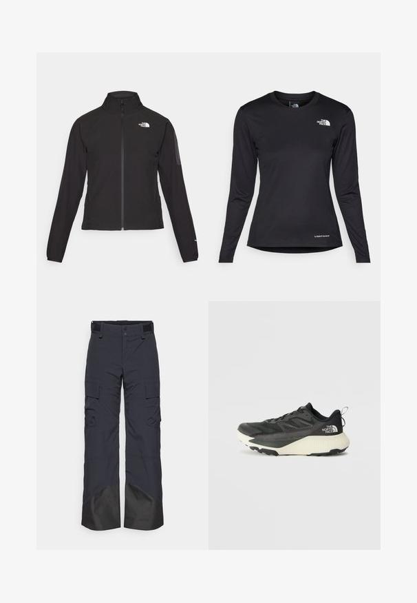 Sort zip-jacket med høj krave, struktureret stof og logo på venstre bryst. Har lange ærmer og en tætsiddende design.; The North Face SHADOW LONG SLEEVE - Langærmet T-shirt - black; Mørkegrå cargo-bukser med dobbelte knapper, velcro-linning og forstærkede sorte nederste sektioner. Har flere sidelommer og lige ben.; Sort atletiksko med en tekstureret overdel, prydet med grå accenter og en hvid mellemsål. Inkluderer en trækslynge og en fremtrædende mærkelogo på hælen.