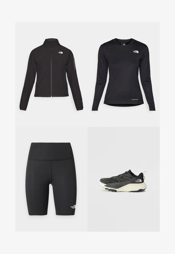 Černá zipová bunda s vysokým límcem, texturovaná tkanina a logo na levé hrudi. Má dlouhé rukávy a přiléhavý design.; The North Face SHADOW LONG SLEEVE - Top s dlouhým rukávem - black; Černé sportovní cyklistické šortky s vysokým pasem, plochými švy a logem The North Face na spodní levé noze.; Černá sportovní bota s texturovaným svrškem, s šedými akcenty a bílou mezipodešví. Obsahuje poutko a výrazné logo značky na patě.