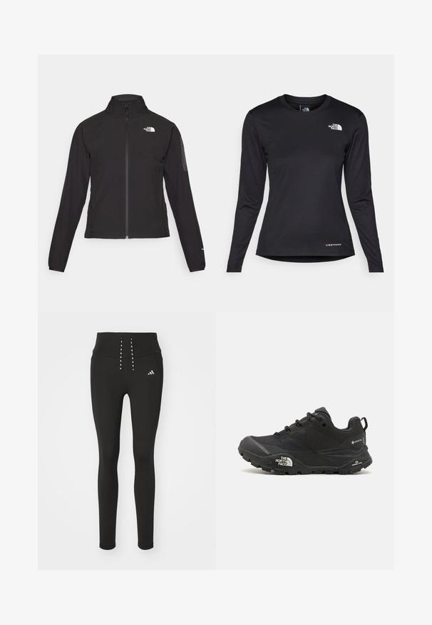 Veste noire zippée avec un col haut, tissu texturé et logo sur la poitrine gauche. Elle possède des manches longues et une coupe ajustée.; The North Face SHADOW LONG SLEEVE - T-shirt à manches longues - black; Leggings de sport noirs avec taille haute, présentant un élégant détail à lacets et un logo subtil sur le côté. Tissu lisse et extensible.; Chaussure de randonnée noire avec une tige texturée, fermeture à lacets, et une semelle en caoutchouc épaisse présentant un logo prominent sur le côté et des motifs de semelle.