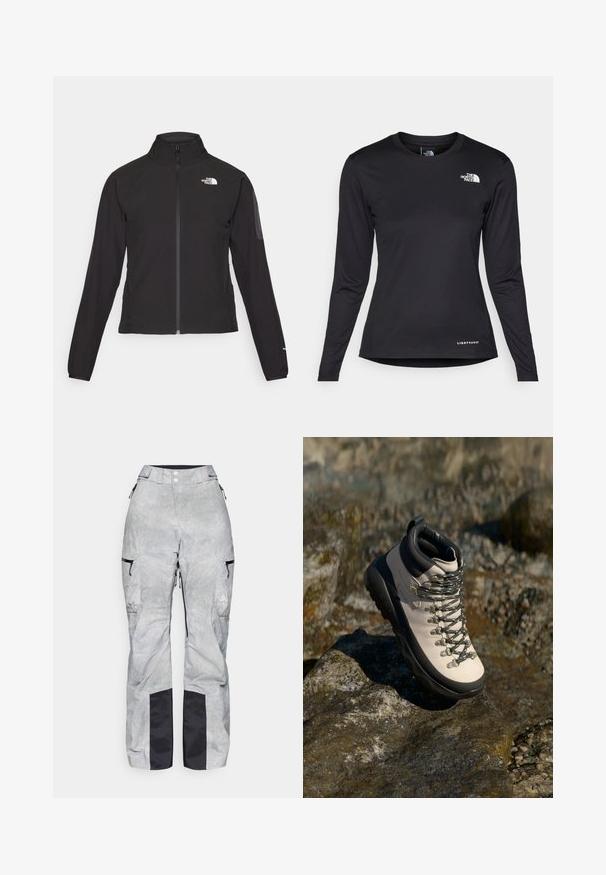 Zwarte zip-up jas met een hoge kraag, textuurstof en een logo op de linker borst. Beschikt over lange mouwen en een slim fit ontwerp.; The North Face SHADOW LONG SLEEVE - Longsleeve - black; Grijze sneeuwbroek met een geruit patroon, voorzien van zwarte accenten, verstelbare taille, ritszakken en versterkte zwarte manchetten.; Lichtbeige wandelschoen met een zwarte rubberen zool, flexibele bovenkant, metalen oogjes en grijze veters, geplaatst op een rotsachtige ondergrond.