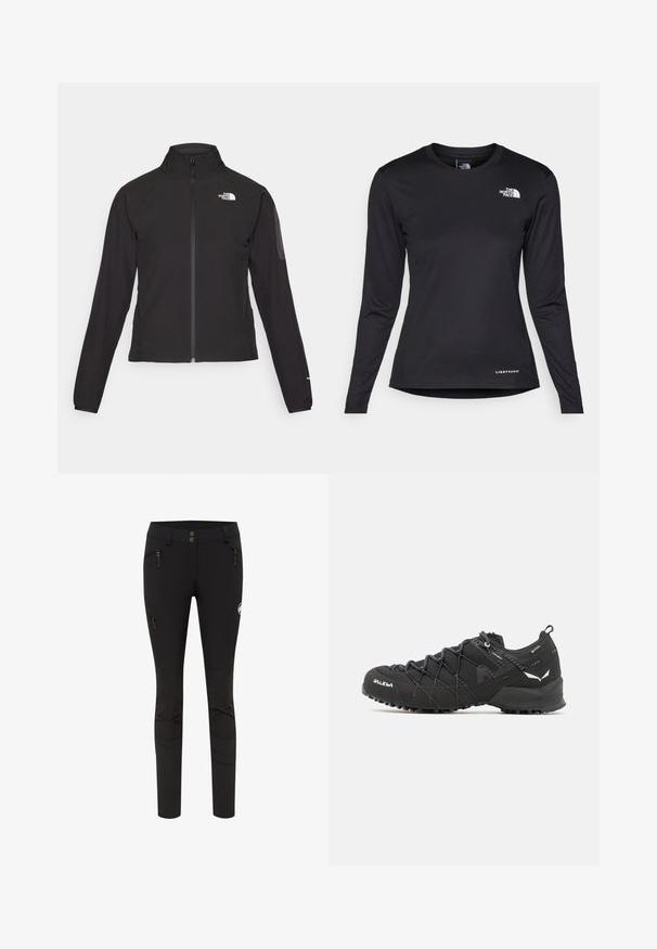 Czarna kurtka zapinana na zamek z wysokim kołnierzem, teksturowana tkanina i logo na lewej piersi. Posiada długie rękawy i dopasowany krój.; The North Face - Bluzka z długim rękawem; Czarne legginsy o dopasowanym kroju, wyposażone w dwie boczne kieszenie z suwakiem oraz naszywkę z logo na udzie. Gładki materiał z szwami.; Czarne buty trekkingowe z teksturowaną cholewką z tkaniny, systemem sznurowania i wytrzymałą gumową podeszwą. Udekorowane odblaskowymi detalami i logo.