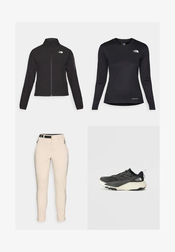 Black zip-up jacket with a high collar, textured fabric, and logo on the left chest. Features long sleeves and a fitted design.; The North Face SHADOW LONG SLEEVE - Long sleeved top - black; Beige, form-fitting trousers with a textured fabric. Features a black adjustable waistband and zippered pockets on the sides.; Black athletic shoe with a textured upper, featuring gray accents and a white midsole. Includes a pull tab and prominent brand logo on the heel.