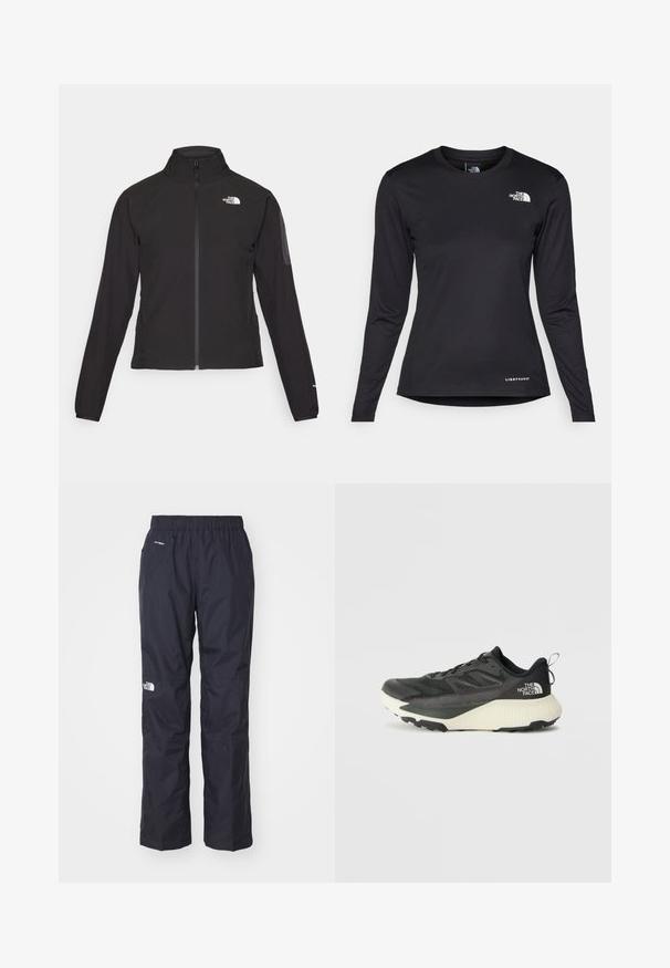 Schwarze Zip-Jacke mit hohem Kragen, strukturiertem Stoff und Logo auf der linken Brust. Verfügt über lange Ärmel und eine taillierte Passform.; The North Face SHADOW LONG SLEEVE - Langarmshirt - black; The North Face ANTORA RAIN PANT - Outdoor-Hose - black; Schwarzer Sportschuh mit strukturiertem Obermaterial, ausgestattet mit grauen Akzenten und einer weißen Zwischensohle. Enthält eine Zuglasche und ein markantes Markenlogo an der Ferse.