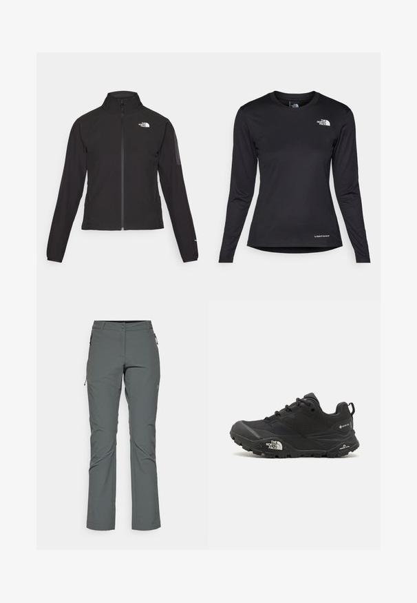 Juodas zip-up švarkas su aukšta apykakle, tekstūruotu audiniu ir logotipu kairėje krūtinės pusėje. Pasižymi ilgu rankovėmis ir prigludusia forma.; The North Face SHADOW LONG SLEEVE - Ilgarankovis viršutinės dalies drabužis - black; Pilki lauko kelnės, pagamintos iš lengvos, tekstūruotos medžiagos; turi užtrauktuko kišenes ir prigludusį dizainą su tiesiu kojų siluetu.; Juodas žygio batelis su tekstūruotu viršumi, su raištelių uždarymu ir storu guminiu padu, ant šono išryškintas logotipas ir raštiškai išpjauti modeliai.