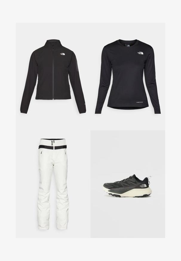 Black zip-up jacket with a high collar, textured fabric, and logo on the left chest. Features long sleeves and a fitted design.; The North Face SHADOW LONG SLEEVE - Long sleeved top - black; White ski pants featuring a high waist, black accent band, zippered front, three black buttons, and side pockets. Smooth texture.; Black athletic shoe with a textured upper, featuring gray accents and a white midsole. Includes a pull tab and prominent brand logo on the heel.