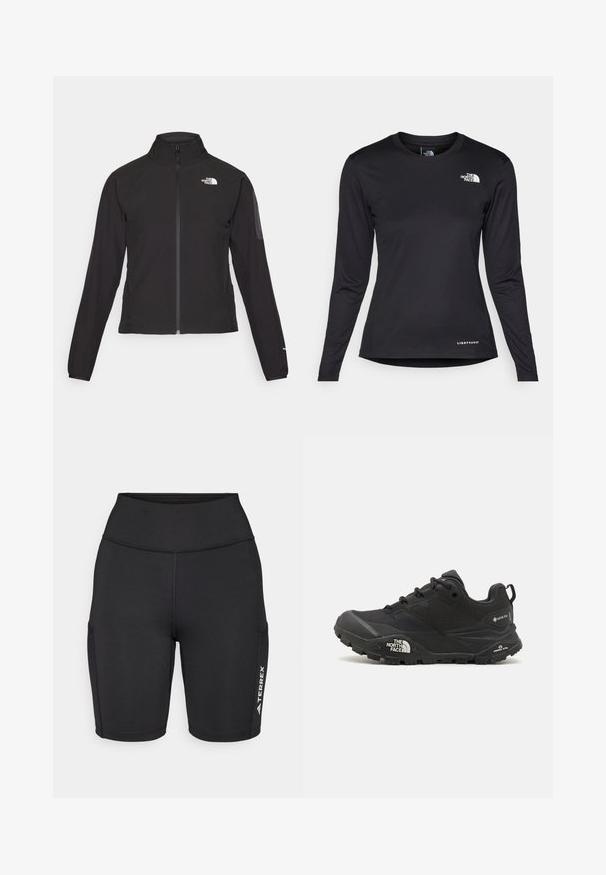 Črna zip-up jakna z visokim ovratnikom, teksturirano blago in logotipom na levem prsnem delu. Ima dolge rokave in prilega se.; The North Face SHADOW LONG SLEEVE - Majica z dolgimi rokavi - black; Črne športne hlače iz elastičnega materiala, z visokim pasom, stranskimi žepi in belim logotipom na eni nogi.; Črne pohodne čevlje z teksturirano zgornjim delom, vezalnim zapiranjem in masivnim gumijastim podplatom, ki ima opazen logotip na strani in vzorce profila.