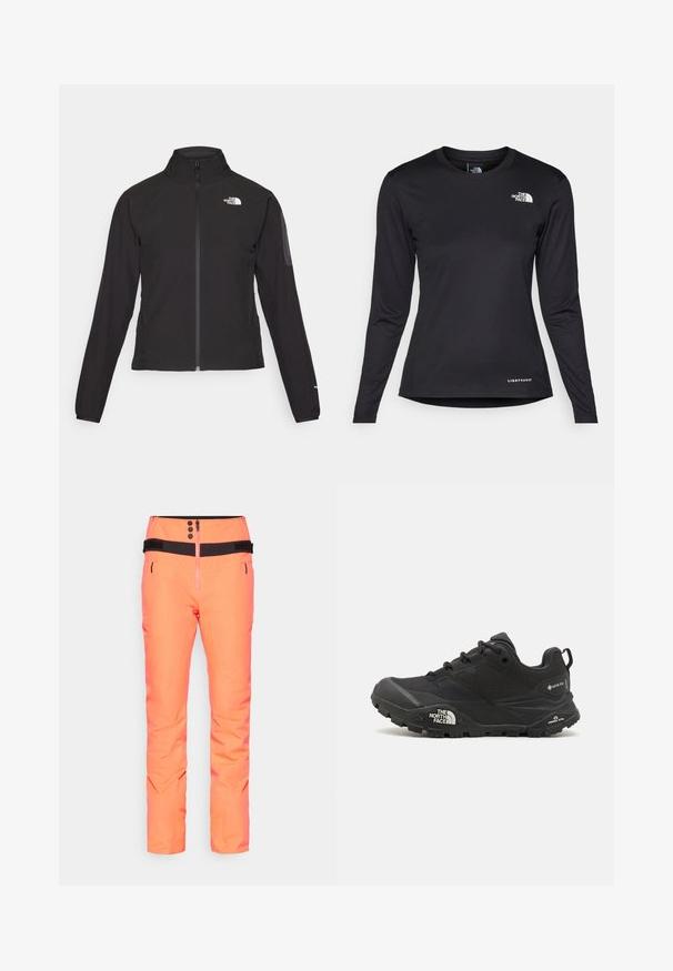 Crna jakna na zip s visokim ovratnikom, teksturirana tkanina i logotip na lijevoj strani prsiju. Ima duge rukave i uski kroj.; The North Face SHADOW LONG SLEEVE - Top dugih rukava - black; Svijetlosmeđi skijaški hlače s visokim strukom, crnim detaljima, funkcionalnim patentnim zatvaračem i dva bočna džepa, izrađene od vodootpornog materijala.; Crne planinarske cipele s teksturiranim gornjim dijelom, zatvaranjem na vezivanje i debelim gumenim potplatom koji sadrži istaknuti logo na strani i uzorke na gaznom sloju.
