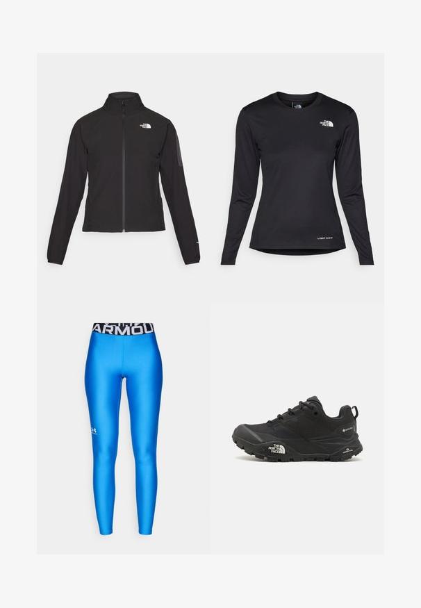 Czarna kurtka zapinana na zamek z wysokim kołnierzem, teksturowana tkanina i logo na lewej piersi. Posiada długie rękawy i dopasowany krój.; The North Face - Bluzka z długim rękawem; Niebieskie legginsy sportowe o gładkiej, błyszczącej fakturze; czarny pas z logo "ARMOUR" w białym kolorze. Logotypy na dolnej części nogawki.; Czarne buty trekkingowe z teksturowaną cholewą, sznurowaniem i masywną gumową podeszwą z wyraźnym logo po boku oraz wzorami bieżnika.
