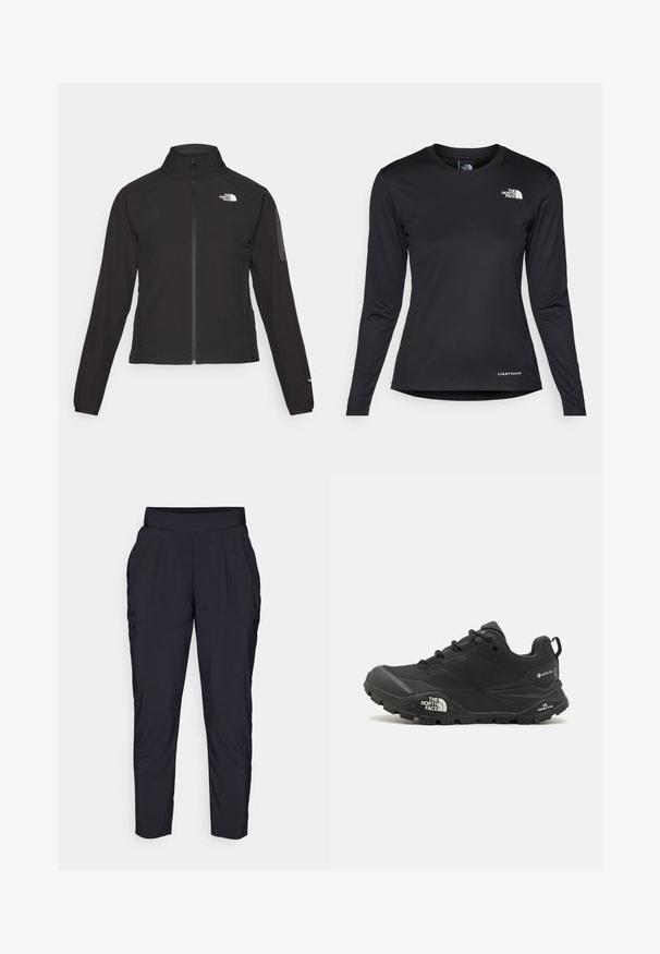 Fekete, cipzáros dzseki magas gallérral, texturált anyagból, bal mellen logóval. Hosszú ujjak és testhezálló fazon jellemzi.; The North Face SHADOW LONG SLEEVE - Hosszú ujjú felső - black; Fekete, szűkített szárú nadrág széles, rugalmas derékpánnnal, elülső redőkkel és oldalsó zsebekkel. Finom, könnyű anyagból készült.; Fekete túrázó cipő texturált felsőrésszel, fűzős záródással és vastag gumitalppal, mely oldalán egy kiemelkedő logó és mintázott talpkialakítás található.