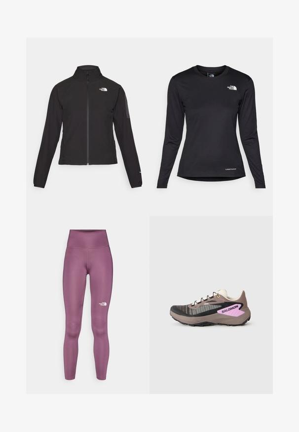 Crna jakna na zip s visokim ovratnikom, teksturirana tkanina i logotip na lijevoj strani prsiju. Ima duge rukave i uski kroj.; The North Face SHADOW LONG SLEEVE - Top dugih rukava - black; The North Face FLEX 28IN TIGHT - Tajice - midnight mauve; Trkačke tenisice s gornjim dijelom od crno-taupe mrežastog materijala, s reflektirajućim akcentima, ružičastim logotipom i robusnom potplatom za prianjanje.