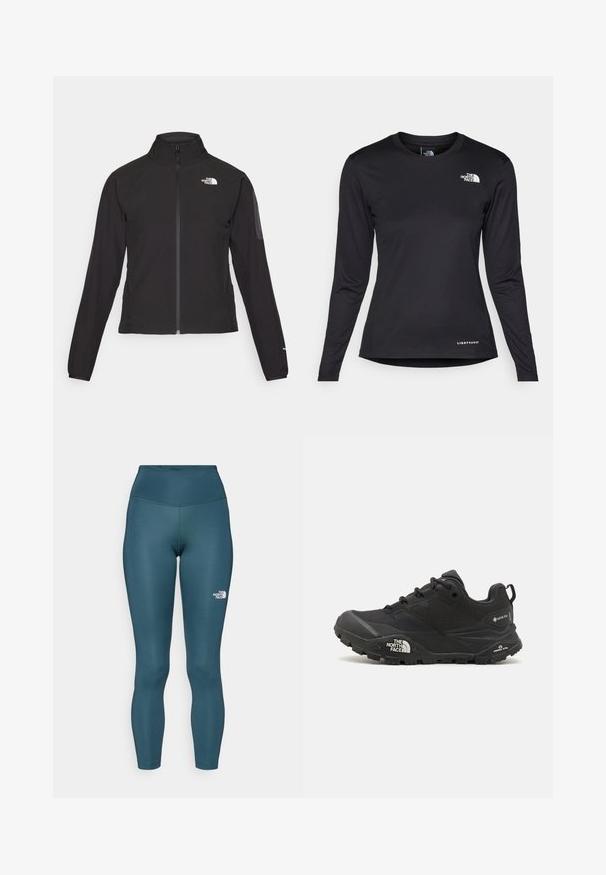 Black zip-up jacket with a high collar, textured fabric, and logo on the left chest. Features long sleeves and a fitted design.; The North Face SHADOW LONG SLEEVE - Long sleeved top - black; Teal high-waisted leggings made of stretchy fabric. Features a small white logo on the left side and stitched detailing along the seams.; Black hiking shoe with a textured upper, lace closure, and a chunky rubber sole featuring a prominent logo on the side and tread patterns.