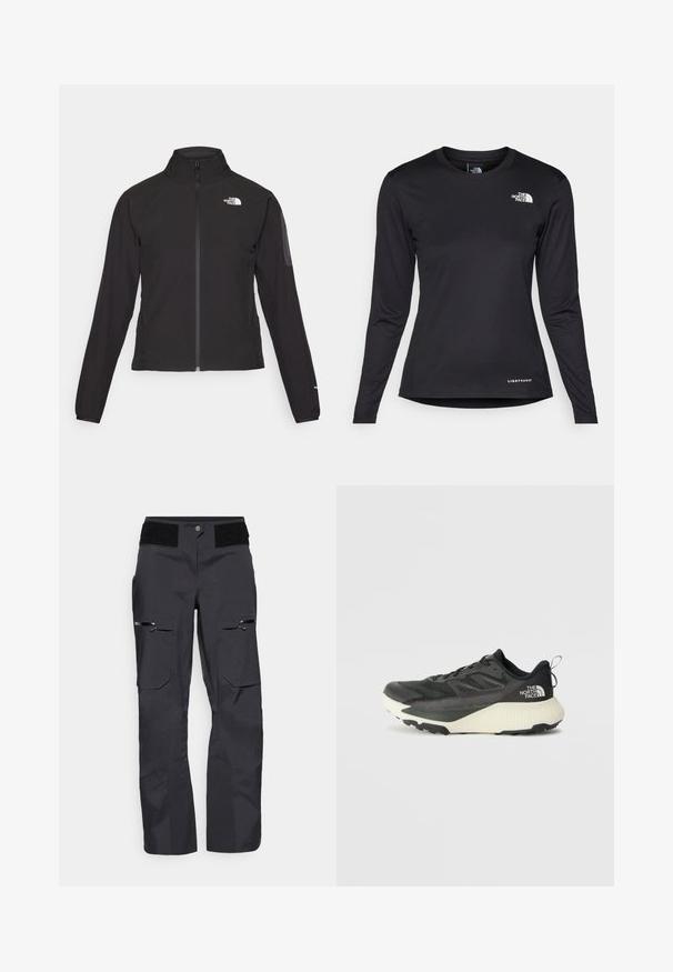 Μαύρο σακάκι με φερμουάρ και ψηλό γιακά, υφασμάτινη επιφάνεια και λογότυπο στο αριστερό στήθος. Διαθέτει μακριά μανίκια και εφαρμοστή σχεδίαση.; The North Face SHADOW LONG SLEEVE - Μπλούζα με μακριά μανίκια - black; Μαύρο καμπάνα παντελόνι με άψογη υφή, πολλαπλές τσέπες, φερμουάρ λεπτομέρειες και κούμπωμα με βρόχο στη μέση.; Μαύρο αθλητικό παπούτσι με υφή στο επάνω μέρος, διαθέτει γκρι λεπτομέρειες και λευκή ενδιάμεση σόλα. Περιλαμβάνει ετικέτα έλξης και έντονο λογότυπο μάρκας στη φτέρνα.
