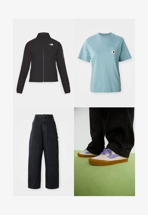 Czarna kurtka zapinana na zamek z wysokim kołnierzem, teksturowana tkanina i logo na lewej piersi. Posiada długie rękawy i dopasowany krój.; Jasnoniebieski, krótki rękaw, bawełniany T-shirt z kieszonką na piersi, na której znajduje się mała czarno-biała naszywka z logo Carhartt.; Czarne dżinsowe spodnie cargo o szerokiej nogawce z wysokim stanem, dwoma dużymi kieszeniami z przodu oraz zapięciem na guzik w pasie. Gładka tekstura, casualowy design.; Jasno beżowe trampki z purpurowymi akcentami, gumową podeszwą i płaskimi sznurowadłami. Noszone z czarnymi spodniami, wyeksponowane na zielonej teksturowanej powierzchni.