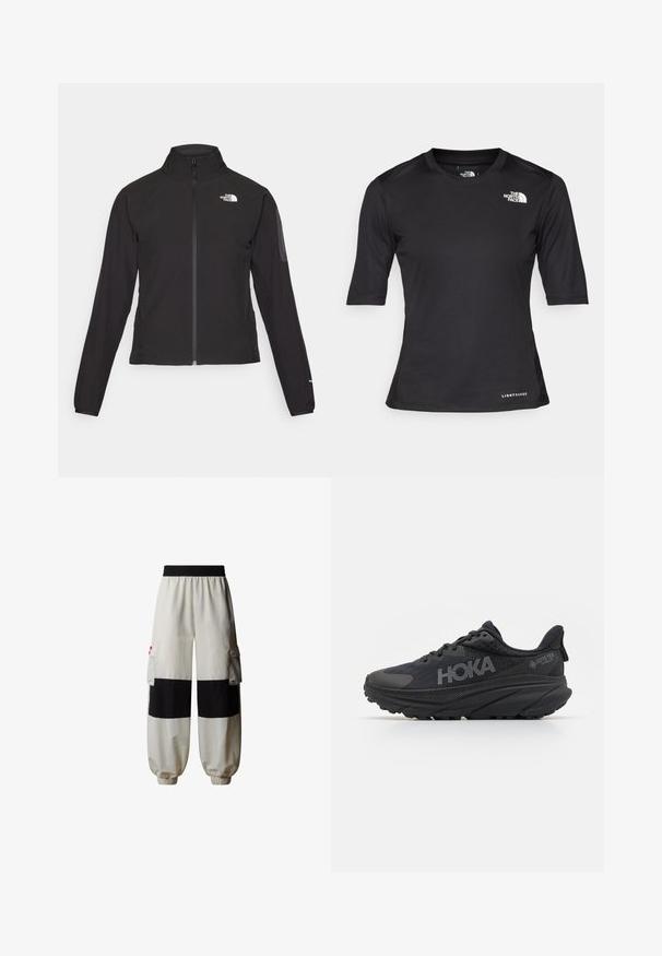 Chaqueta negra con cremallera y cuello alto, de tela texturizada, y logo en el lado izquierdo del pecho. Con mangas largas y un diseño ajustado.; Camiseta deportiva negra de manga corta fabricada con un material texturizado, con cuello redondo y el logotipo de The North Face en blanco en el lado izquierdo del pecho.; The North Face HIMALAYAN - Pantalones cargo - white dune tnf black; Zapatillas de correr negras con parte superior de malla, detalles texturizados y marca HOKA. Incluyen una suela gruesa y curvada y Gore-Tex para resistencia al agua.