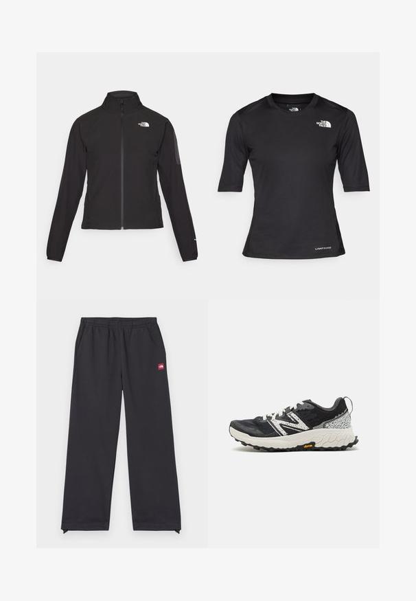 Giacca nera con zip e colletto alto, tessuto testurizzato e logo sul lato sinistro del petto. Presenta maniche lunghe e un design aderente.; Maglietta sportiva nera a maniche corte realizzata in materiale testurizzato, con colletto tondo e logo The North Face bianco sul lato sinistro del petto.; Pantaloni sportivi neri realizzati in tessuto morbido, caratterizzati da una vestibilità ampia, una vita elastica, tasche laterali e un piccolo tag rosso sul davanti.; New Balance FRESH FOAM X HIERRO V8 - Scarpe da trail running - blacktop