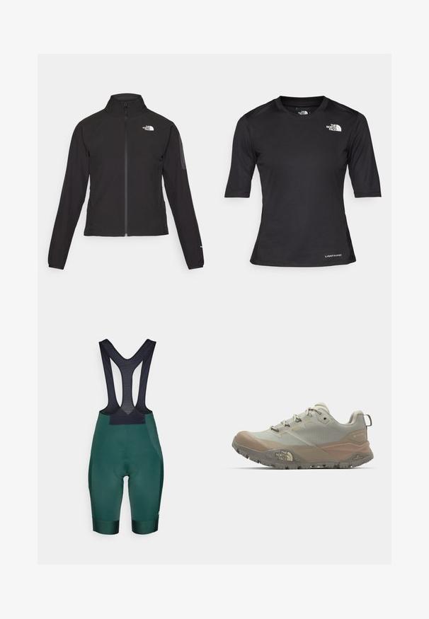 Černá zipová bunda s vysokým límcem, texturovaná tkanina a logo na levé hrudi. Má dlouhé rukávy a přiléhavý design.; Černé krátké sportovní tričko s texturovaným materiálem, kulatým výstřihem a bílým logem The North Face na levé hrudi.; Zelené cyklistické šortky s černými síťovanými popruhy, polstrováním v sedací oblasti a elastickým páskem na spodní části pro těsné uchycení.; Světle šedá sportovní bota s béžovými akcenty, vyrobená z syntetického materiálu. Obsahuje robustní podrážku, šněrovací design a značku na boku.