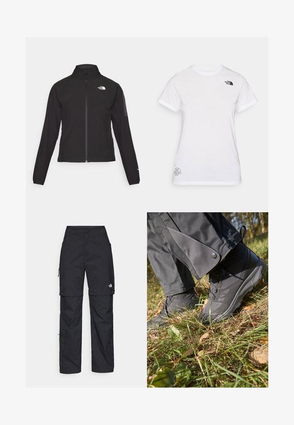 Black zip-up jacket with a high collar, textured fabric, and logo on the left chest. Features long sleeves and a fitted design.; White cotton t-shirt featuring a black logo on the left chest and a gray graphic design at the bottom right. Classic crew neck and short sleeves.; Black nylon zip-off cargo trousers with adjustable cuffs, multiple pockets, and a logo on the right leg. Smooth, lightweight texture.; Black waterproof hiking shoes with textured fabric and rubber soles, alongside gray pants with snap detail, set on grassy ground with leaves.