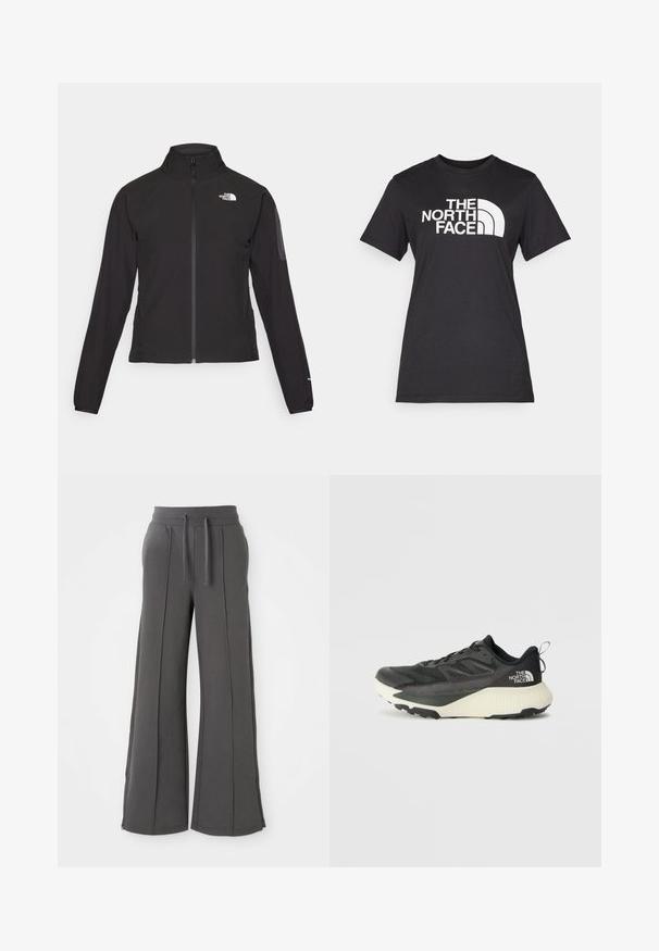 Black zip-up jacket with a high collar, textured fabric, and logo on the left chest. Features long sleeves and a fitted design.; Black cotton t-shirt featuring a large white "THE NORTH FACE" logo and curved accent. Short sleeves and crew neckline, smooth texture.; Dark gray wide-leg sweatpants with front seams, elastic waistband, drawstrings, side pockets, and zippered hems on a white background.; Black athletic shoe with a textured upper, featuring gray accents and a white midsole. Includes a pull tab and prominent brand logo on the heel.