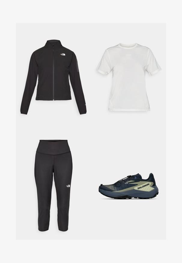 Fekete, cipzáros dzseki magas gallérral, texturált anyagból, bal mellen logóval. Hosszú ujjak és testhezálló fazon jellemzi.; Fehér, rövid ujjú sportos hálós póló, kerek nyakkal és középen található kis "Salomon" logóval a mellkason.; Fekete capri leggings, rugalmas anyagból készült, magas derékkal és egy kis fehér logóval a bal oldalon. Sima tapintású.; Sötétkék és olajzöld terepfutó cipő fekete talppal, gyorsfűző rendszerrel és oldalon található "SALOMON" márkázással.