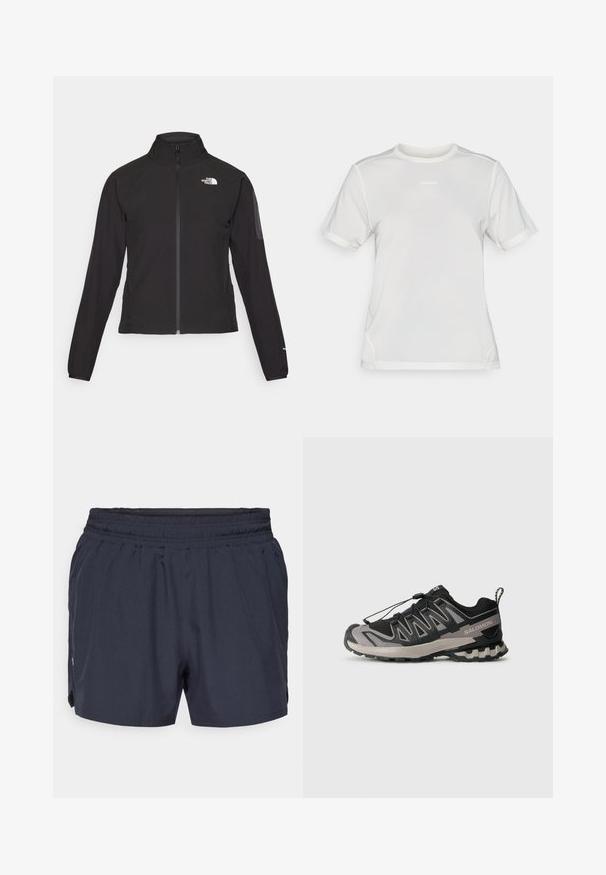 Crna jakna na zip s visokim ovratnikom, teksturirana tkanina i logotip na lijevoj strani prsiju. Ima duge rukave i uski kroj.; Bijela kratkodlana atletska majica s kratkim rukavima, okruglim izrezom i malim logotipom "Salomon" smještenim u središtu prsnog dijela.; Temno plave sportske kratke hlače s elastičnim pojasom, nabranim dizajnom i bočnim džepovima. Izrađene od laganog, prozračnog materijala.; Crno-siva atletska cipela s mrežastim gornjim dijelom, gumenim potplatom i elastičnim sistemom vezanja. Ima pojačani vrh i strukturirane detalje.