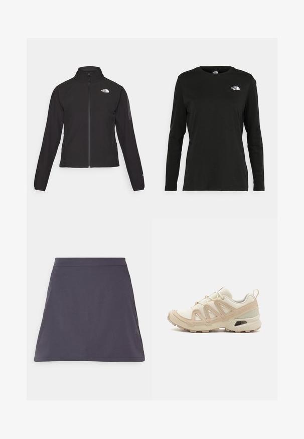 Zwarte zip-up jas met een hoge kraag, textuurstof en een logo op de linker borst. Beschikt over lange mouwen en een slim fit ontwerp.; Zwart langsluiting T-shirt van katoen met een ronde hals. Heeft een klein wit logo op de linkerkant van de borst. Eenvoudig ontwerp en pasvorm.; Donkergrijze A-lijn rok van zachte stof, met een gladde textuur en een eenvoudig, strak ontwerp zonder zichtbare patronen of accenten.; Beige en crème sportschoen met een textuur-mesh bovenwerk, ondersteunende overlays en een rubberen zool met een profielpatroon voor grip.