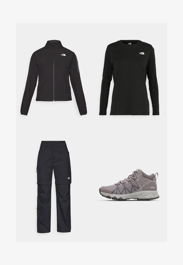 Fekete, cipzáros dzseki magas gallérral, texturált anyagból, bal mellen logóval. Hosszú ujjak és testhezálló fazon jellemzi.; Fekete, hosszú ujjú póló pamutból, kerek nyakkal. A bal mellrészen egy kis fehér logó található. Egyszerű dizájn és szabás.; Fekete nylon zipzáras cargo nadrág állítható mandzsettával, több zsebbel és logóval a jobb lábon. Simább, könnyű textúra.; Világoslila túracipők, légáteresztő hálós és szintetikus felsőrésszel, oldalán texturált mintákkal, párnázott középtalppal és strapabíró gumi talppal.