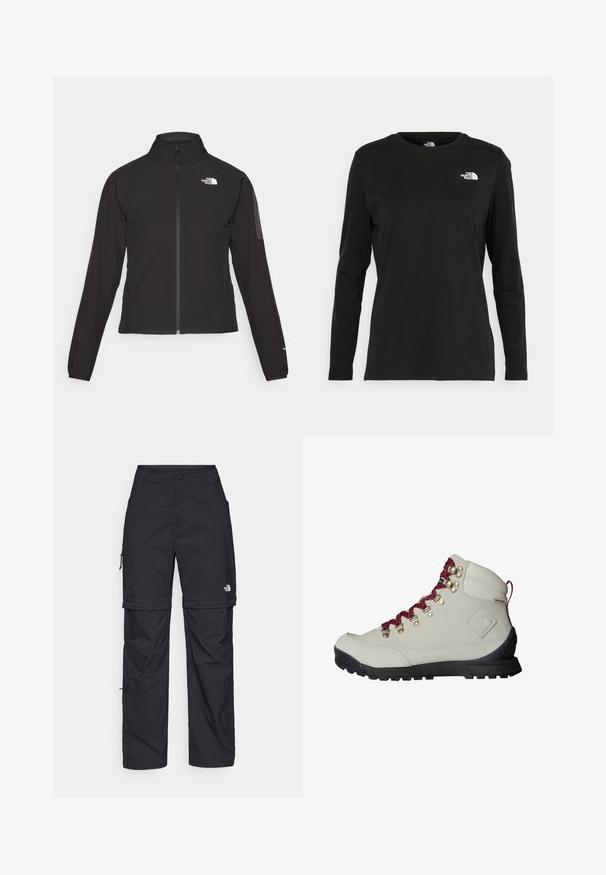 Mustmustabiga must jakk, millel on kõrge krae, tekstureeritud kangas ja logo vasakul rinnal. Omab pikki varrukaid ja sobivat disaini.; Must mustahiheline T-särk, millel on pikad varrukad, valmistatud puuvillast ja ümarast kaelusest. Vasakul rinnal on väike valge logo. Lihtne disain ja sobivus.; Mustad nailonist valmistatud eemaldatavad cargo-püksid, reguleeritavate pahkluudega, mitmete taskutega ja paremal jalal logoga. Sile, kerge tekstuur.; Bež matkaja jalats punaste paeltega, metallist silmadega ja tekstureeritud pinnaga. Omab tugevat musta talla ja silmapaistvat logodetaili külgedel.