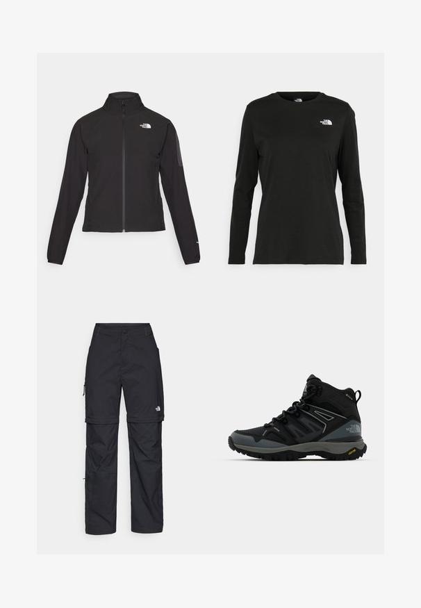 Melna ar rāvējslēdzēju aizdara jaka ar augstu apkakli, teksturētu audumu un logotipu kreisajā krūtī. Satur garas piedurknes un pieguļošu dizainu.; Melnas garām piedurknēm T-krekls, izgatavots no kokvilnas ar apaļu kaklu. Tam ir mazs balts logo kreisajā krūtīs. Vienkāršs dizains un piegulums.; Melni nailona bikses ar noņemamām kājām, regulējamiem uzmavām, vairākām kabatām un logotipu uz labās kājas. Gluda, viegla tekstūra.; Pusstīgu augstuma pārgājienu zābaki melnā un pelēkā krāsā. Iezīmes: teksturēts augšdaļa, pastiprināta purngala daļa un Vibram zole labākai vilcei. Viegls dizains.