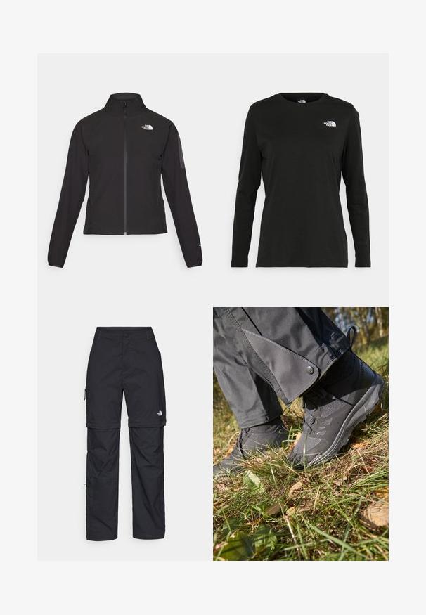 Schwarze Zip-Jacke mit hohem Kragen, strukturiertem Stoff und Logo auf der linken Brust. Verfügt über lange Ärmel und eine taillierte Passform.; Schwarzes Langarm-T-Shirt aus Baumwolle mit Rundhalsausschnitt. Verfügt über ein kleines weißes Logo auf der linken Brustseite. Einfaches Design und Passform.; Schwarze Nylon-Zip-Off-Cargohosen mit verstellbaren Bündchen, mehreren Taschen und einem Logo am rechten Bein. Glatte, leichte Textur.; Schwarze wasserdichte Wanderschuhe aus strukturiertem Stoff mit Gummisohlen, kombiniert mit grauen Hosen mit Druckknopfdetail, auf einem mit Gras und Blättern bedeckten Boden.