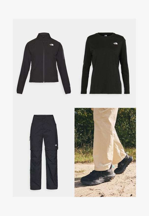 Casaco preto com fecho zip e gola alta, em tecido texturizado, com logo no lado esquerdo do peito. Apresenta mangas longas e um design ajustado.; T-shirt preto de mangas longas, feito de algodão, com decote redondo. Apresenta um pequeno logótipo branco na área esquerda do peito. Design simples e ajuste confortável.; Calças cargo pretas em nylon com fechos de correr removíveis, punhos ajustáveis, múltiplos bolsos e um logótipo na perna direita. Textura suave e leve.; Tênis de caminhada pretos com um cabedal texturizado, fecho de atacadores e uma sola grossa com o logótipo Vibram. Usados com calças de cor clara.