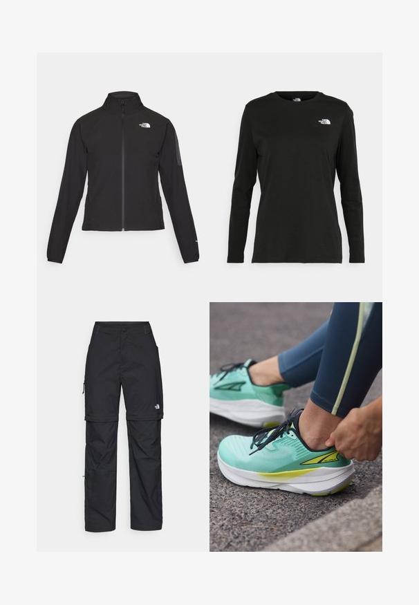 Black zip-up jacket with a high collar, textured fabric, and logo on the left chest. Features long sleeves and a fitted design.; Black long-sleeve t-shirt made of cotton with a round neck. Features a small white logo on the left chest area. Simple design and fit.; Black nylon zip-off cargo trousers with adjustable cuffs, multiple pockets, and a logo on the right leg. Smooth, lightweight texture.; Altra EXPERIENCE FLOW - Road running shoes - mint